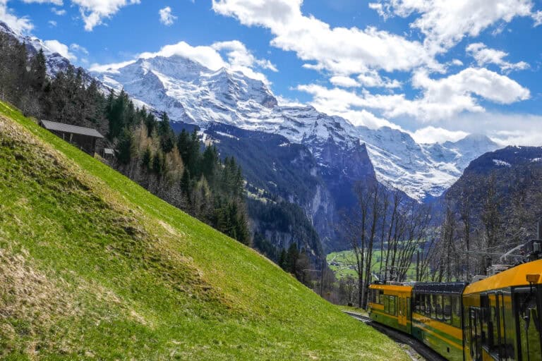 View of the Jungfrau during the train ride Lauterbrunnen-Wengen.
