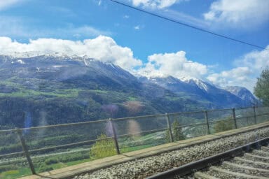 View over the western part of the Rhone Valley from the Lötschberger train between Goppenstein and Ausserberg.