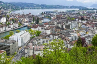 The center of Lucerne, seen from hotel-restaurant Château Gütsch.