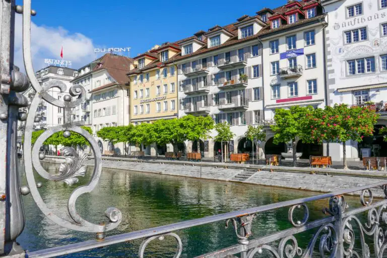 Hotels along river Reuss seen from Rathaussteg bridge, Lucerne