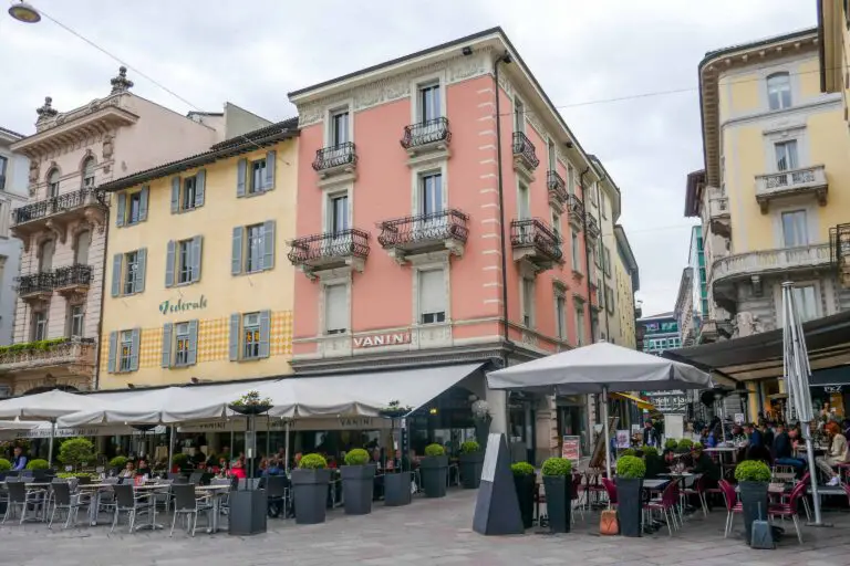 Cafes and hotels on Piazza Riforma in Lugano