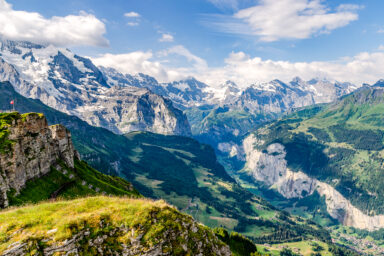 The Breithorn and Lauterbrunnen Valley, seen from Männlichen in summer.