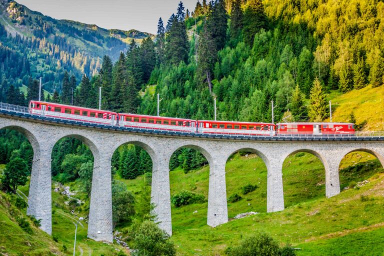 Matterhorn Gotthard Bahn train on Swiss viaduct