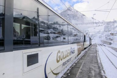 GoldenPass on snowy spring day in Montbovon