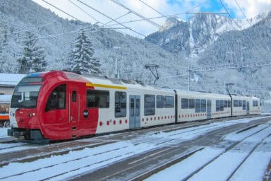 Regional TPF train on the rail station of Montbovon.
