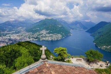 Lugano, Lake Lugano and green hills from Monte San Salvatore