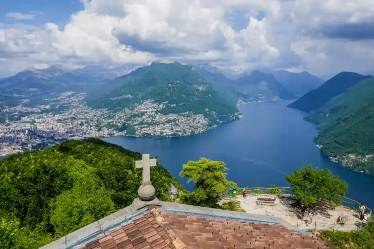 Lugano, Lake Lugano and green hills from Monte San Salvatore
