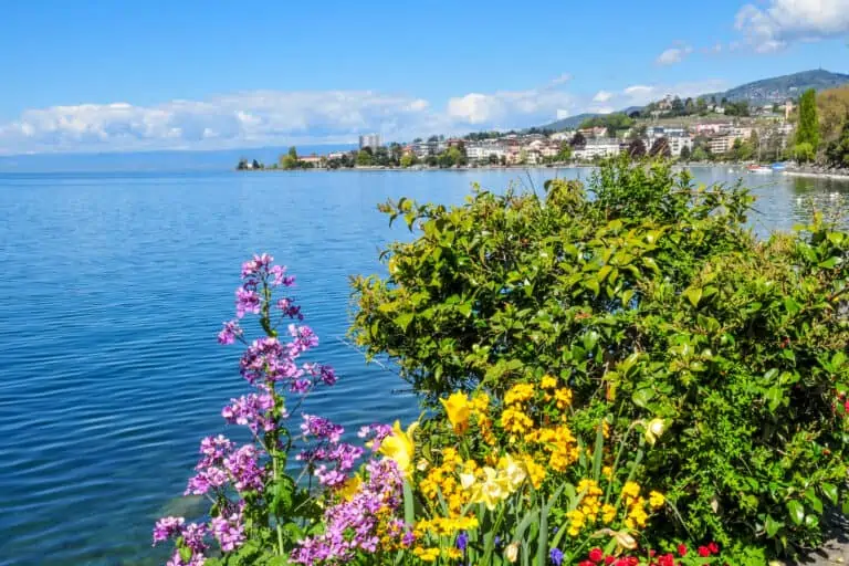 Montreux seen from Lake Geneva boulevard toward Veytaux