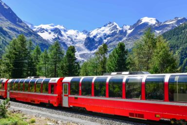 Bernina Express panoramic train at Morteratsch