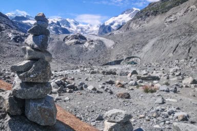 The quickly melting Morteratsch Glacier near the Engadine (Graubünden) in July.