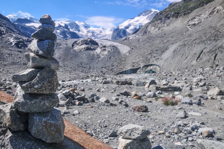 The quickly melting Morteratsch Glacier near the Engadine (Graubünden) in July.