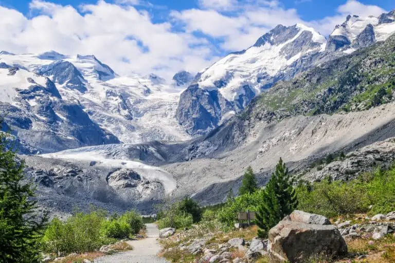 Educational hiking trail to melting Morteratsch Glacier