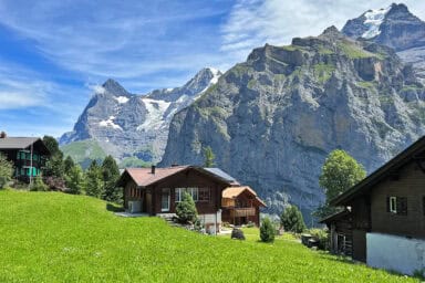 Summer views of the Eiger and Mönch from the outskirts of Mürren.