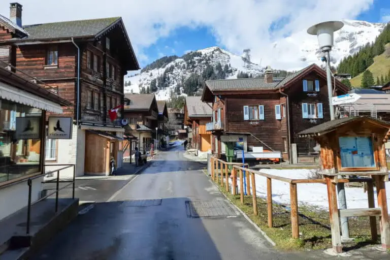 Main street and cableway to Birg in Mürren.