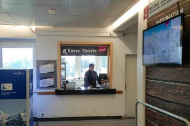Ticketing desk at Schilthorn cableway station in Mürren.