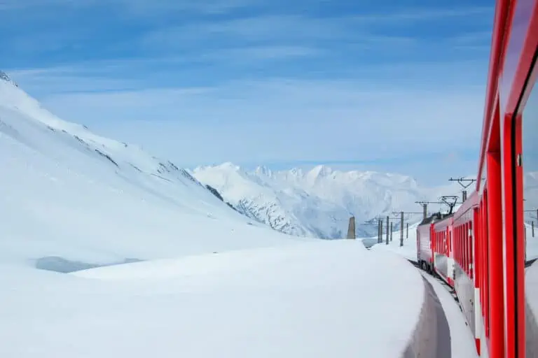 MGB train in snow at Oberalp Pass