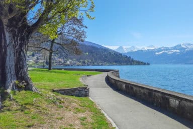 The village of Oberhofen with its view of Lake Thun and the Eiger, Mönch and Jungfrau in the background.