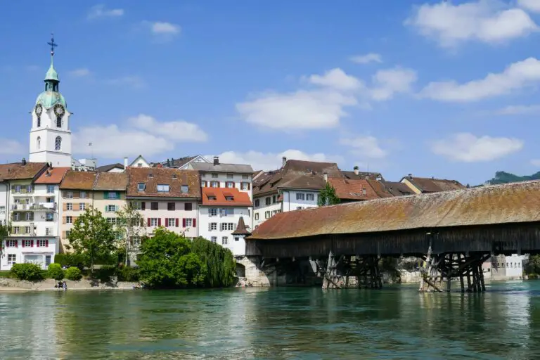 Old town of Olten with wooden bridge over river Aare