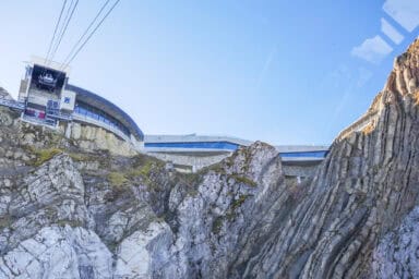 The "Pilatus Kulm" mountain station seen from the Dragon Ride cable car.