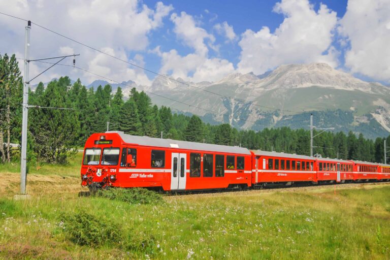 Rhätische Bahn train near Pontresina, Upper Engadine