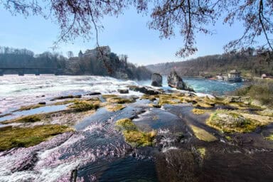 View over the Rhine Falls from the eastern bank.
