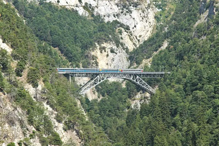 Train on the Bietschtal viaduct in the Rhone valley