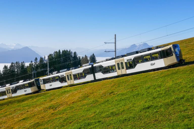 The cogwheel train from Vitznau to Rigi above the station of Rigi-Kaltbad.