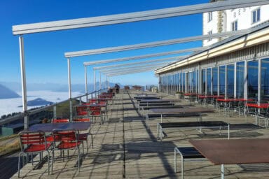 The restaurant terrace with panoramic views at Rigi Kulm.