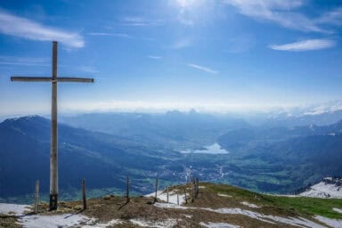 The view toward Arth-Goldau and the lake Lauerzersee from Rigi Kulm.