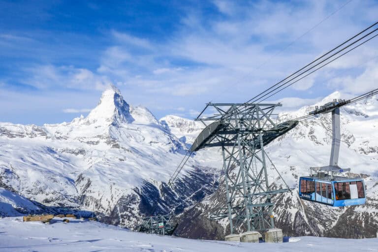 The cable car to Rothorn with the Matterhorn in the background.