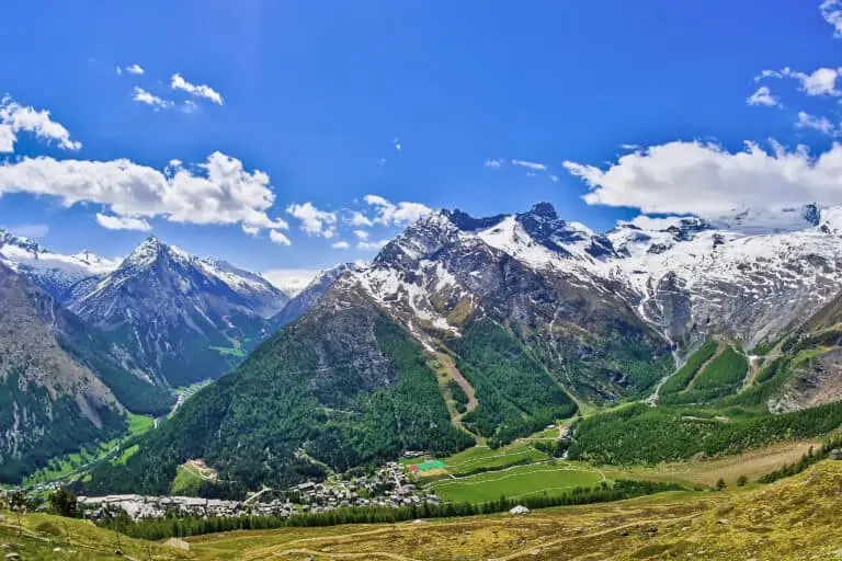 Aerial view of Saas-Fee and mountains