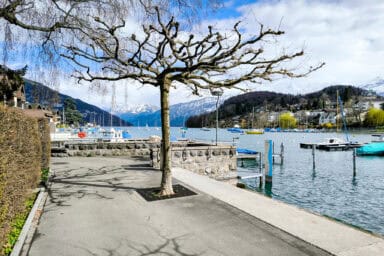 The harbour of Spiez on Lake Thun in March.