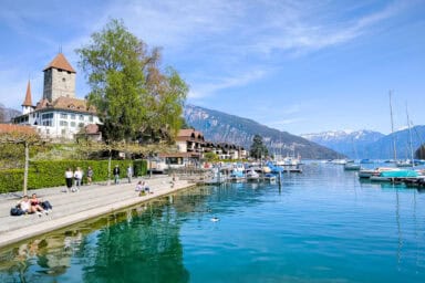 The pretty marina of Spiez on Lake Thun with its castle and sailboats.