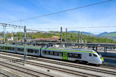 BLS train at the rail station of Spiez.