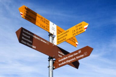 Hiking signs and directions next to the Stoos Lodge.