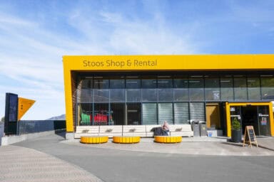 The rental point and shop at the funicular station in Stoos.