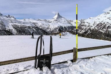 Ski run and sled in the snow at Sunnegga above Zermatt.