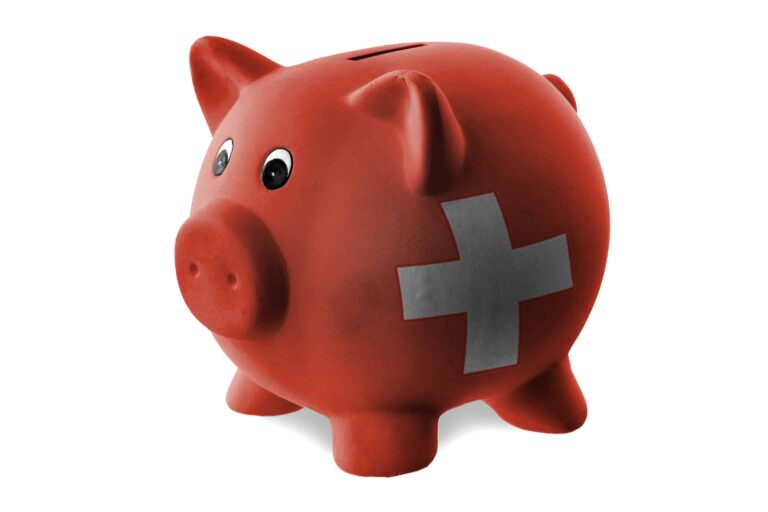 Pink piggy bank with Swiss flag