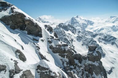 View over the rugged snowy peaks at Titlis above Engelberg.