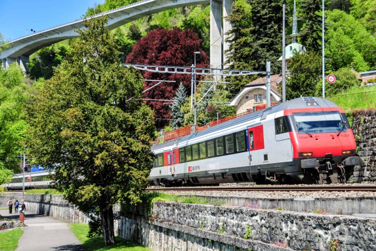 Car viaduct and regional SBB train between Veytaux and Villeneuve