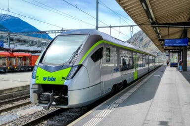A RegioExpress Lötschberger train operated by BLS (Bern-Lötschberg-Simplon) at the station of Brig.