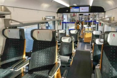 The comfortable 1st-class interior of the Voralpen-Express train.
