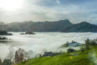 Low autumn clouds over Arth-Goldau on the Voralpen-Express route.