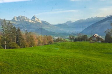 The beautiful hills of the Arth-Goldau area as seen from the Voralpen-Express.