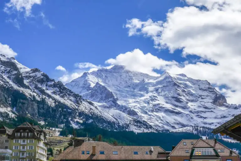 Jungfrau view from the town center of Wengen in early April.