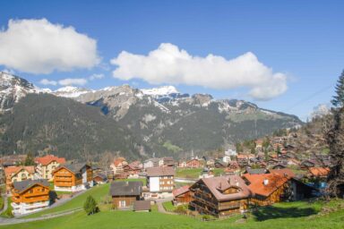 View over Wengen and tops of western Lauterbrunnen Valley