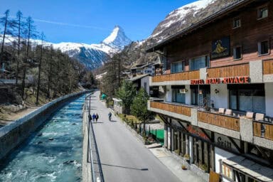 Hotel Beau Rivage on the banks of the Mattervispa river, with views of the Matterhorn.