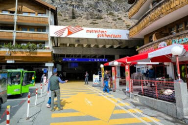 The entrance of Zermatt's train station.