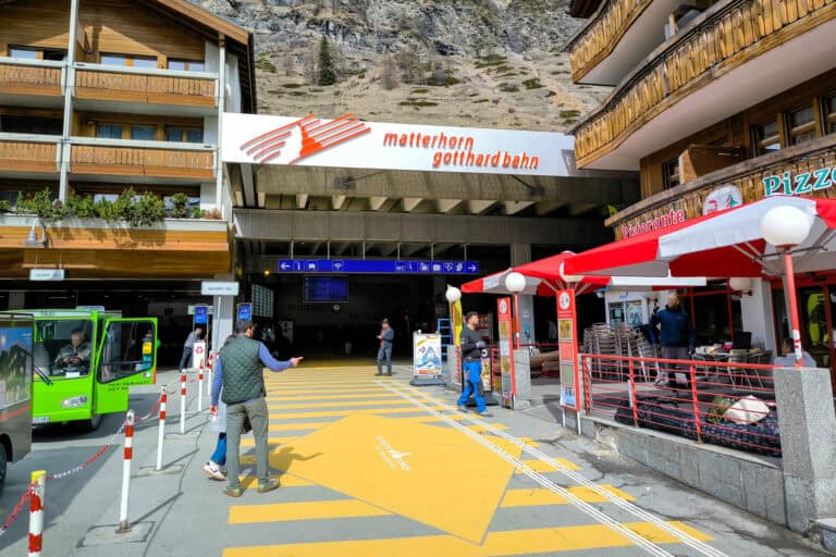 The entrance of Zermatt's train station.