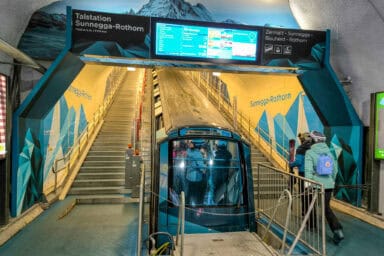 The underground funicular to Sunnegga at the valley station in Zermatt.
